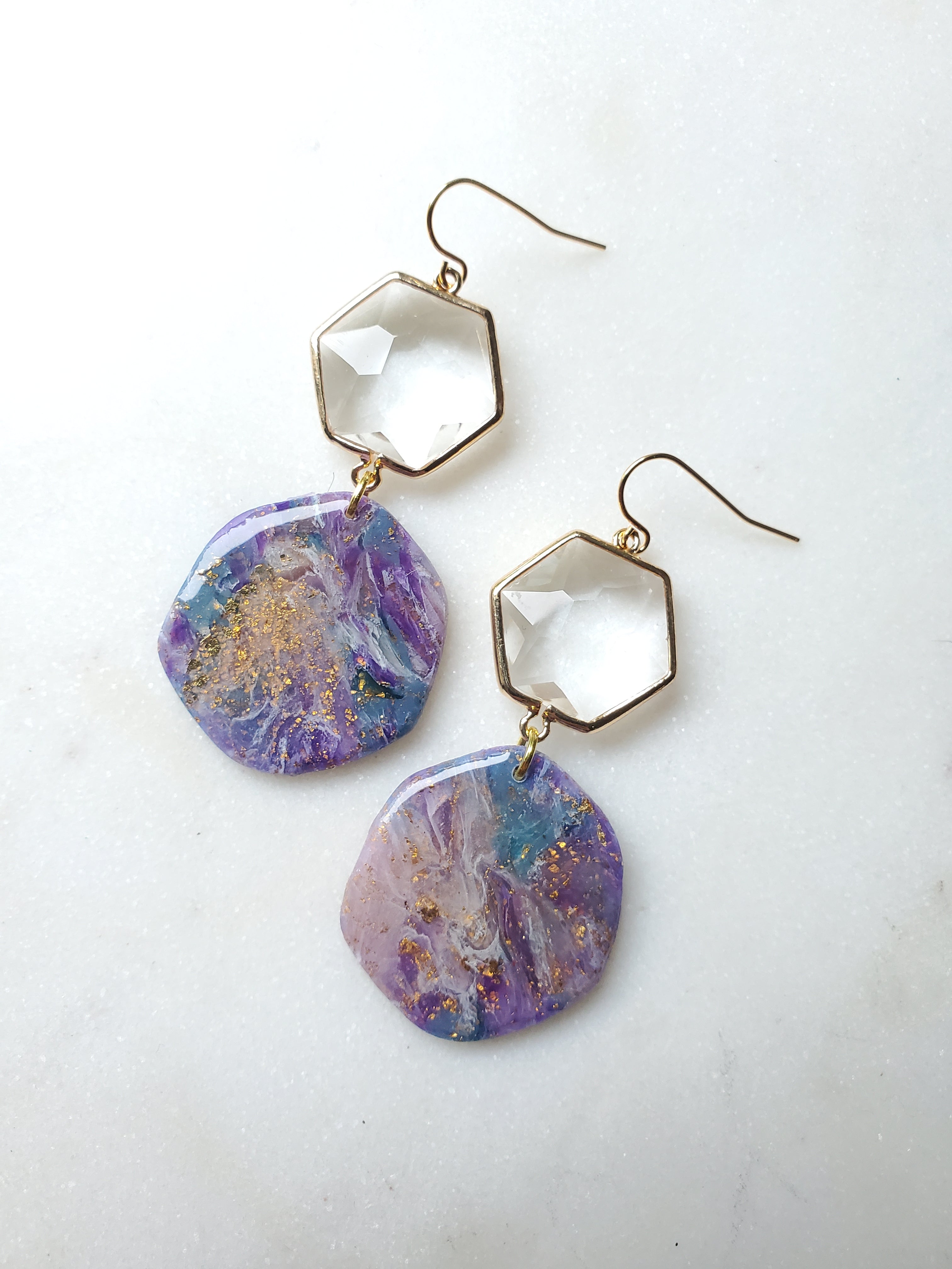 14K Gold Filled Agate Inspired Glass Statement Earrings - Purple/Blue