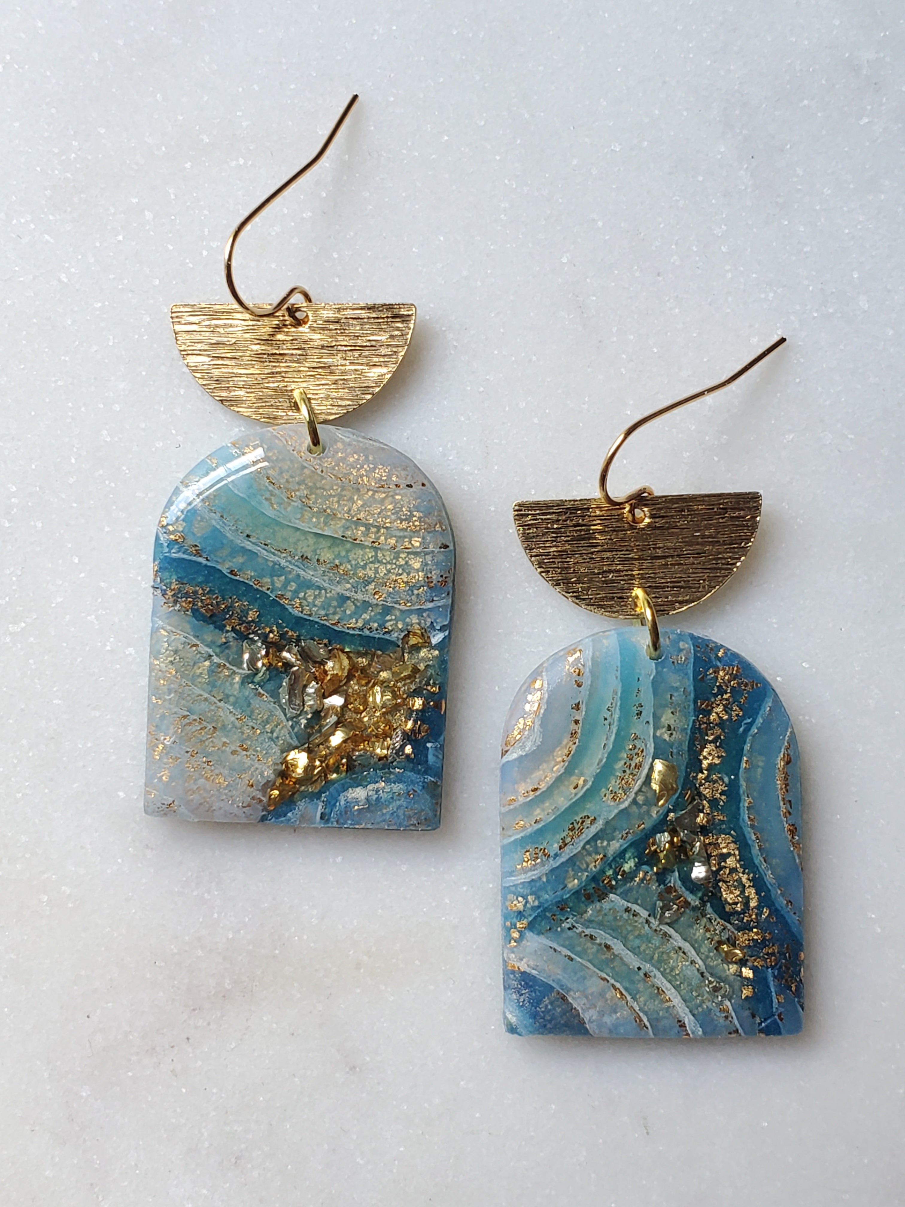 14K Gold Filled Agate Panel Statement Earrings - Sky Blue/Gold