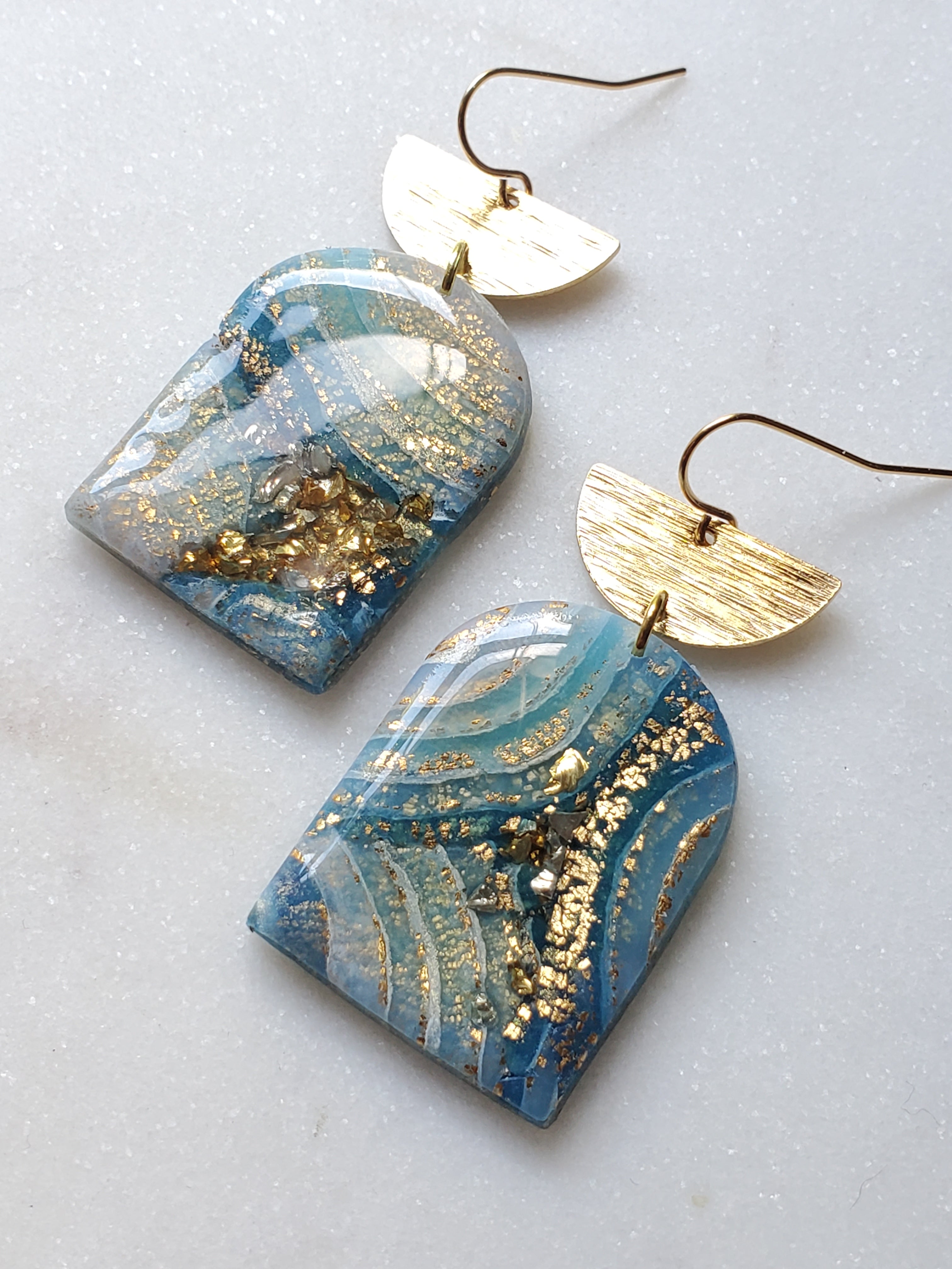 14K Gold Filled Agate Panel Statement Earrings - Sky Blue/Gold