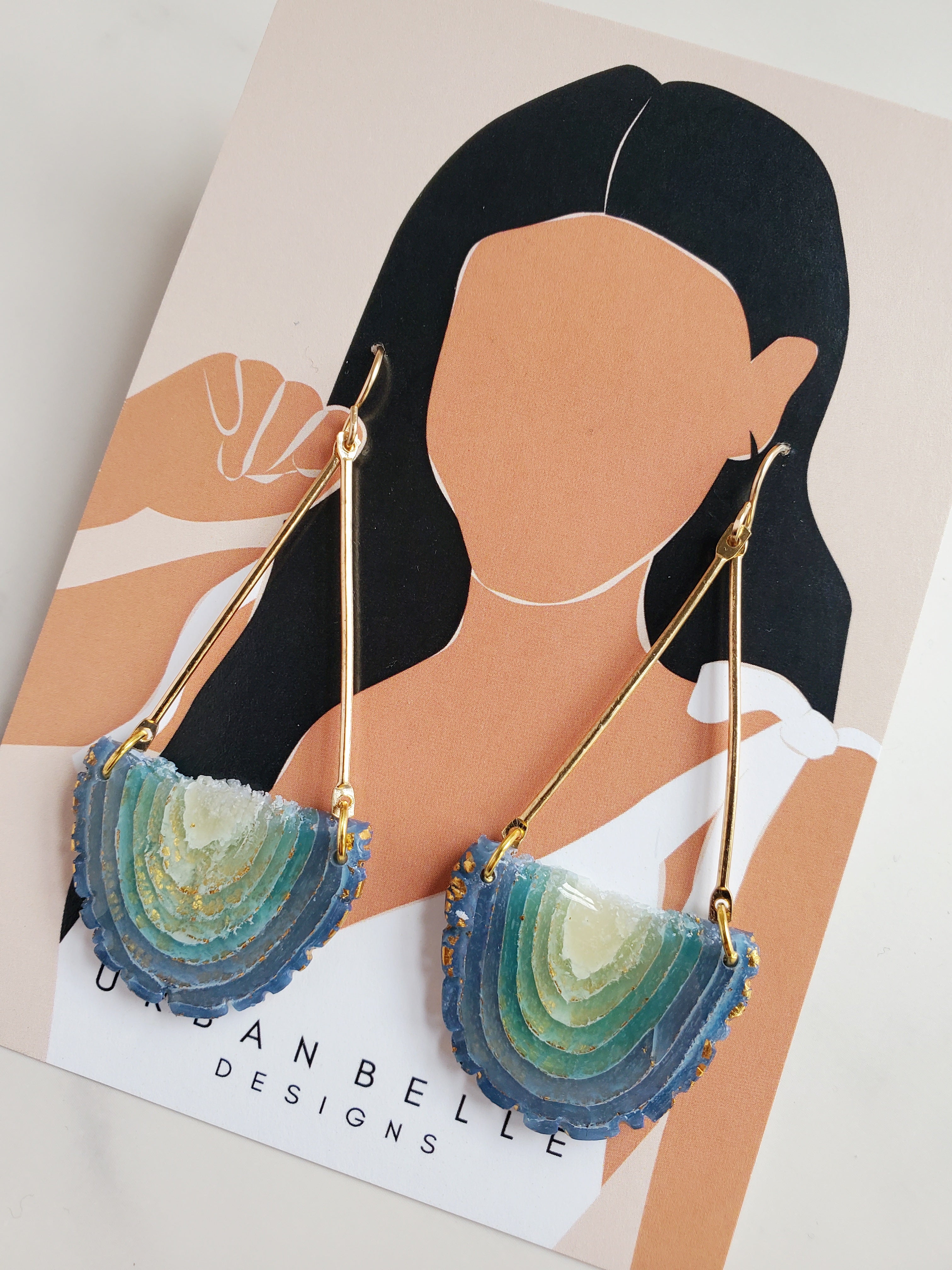 14K Gold Filled Agate Inspired Chandelier Statement Earrings - Aqua