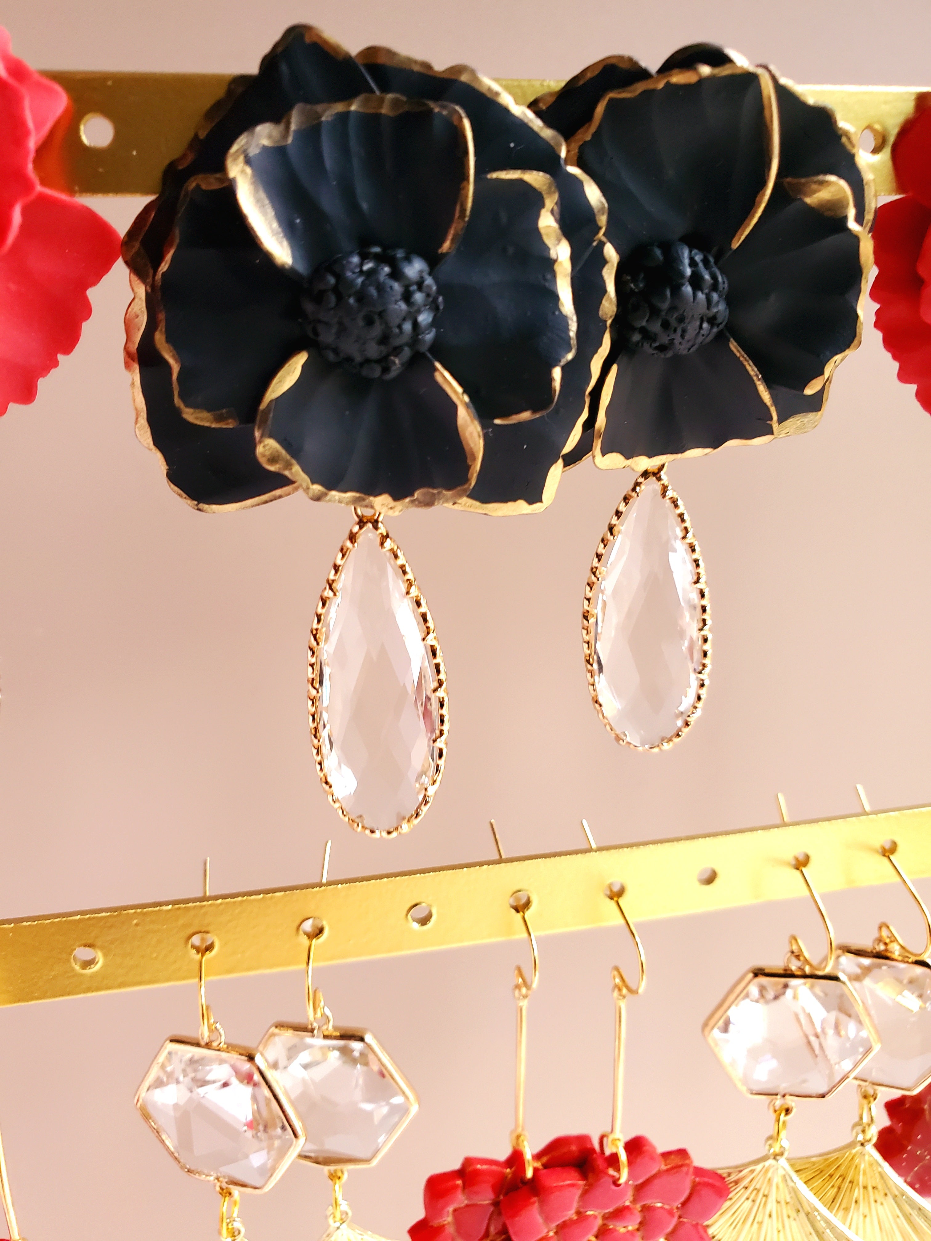 Floral Chandelier Statement Earrings - Red/Black