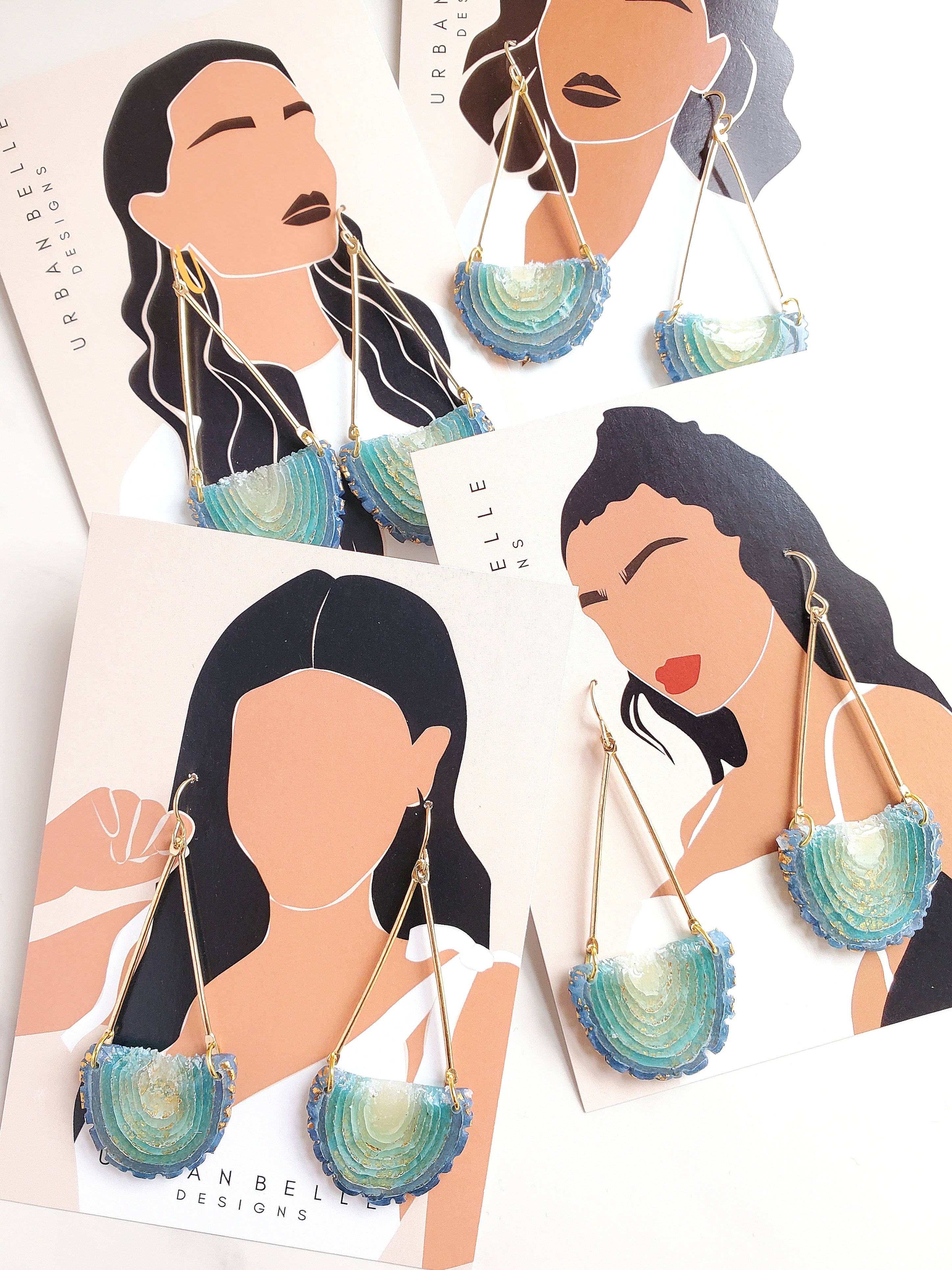 14K Gold Filled Agate Inspired Chandelier Statement Earrings - Aqua