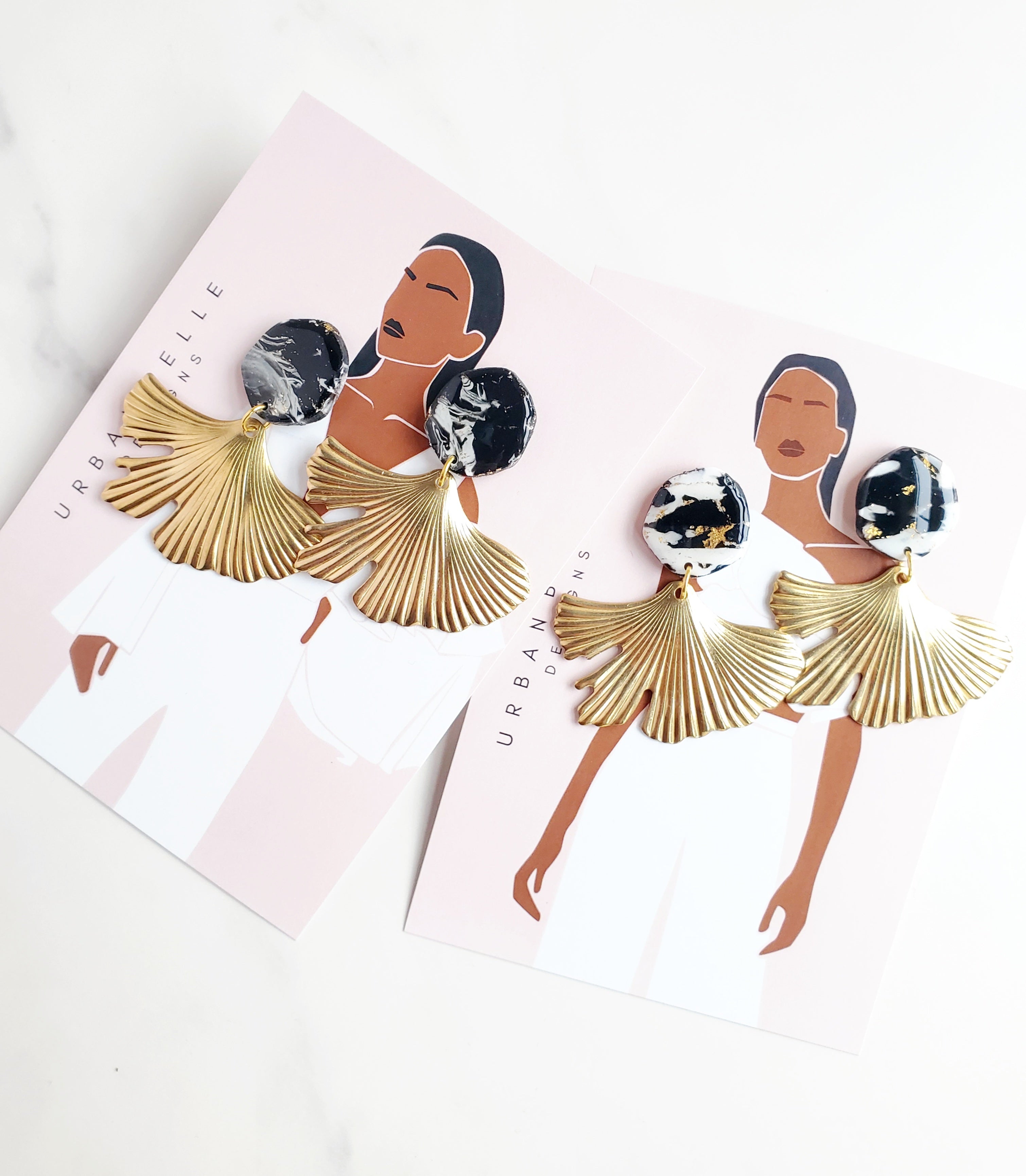 Marbled Black & White Gingko Statement Earrings - 2 Styles
