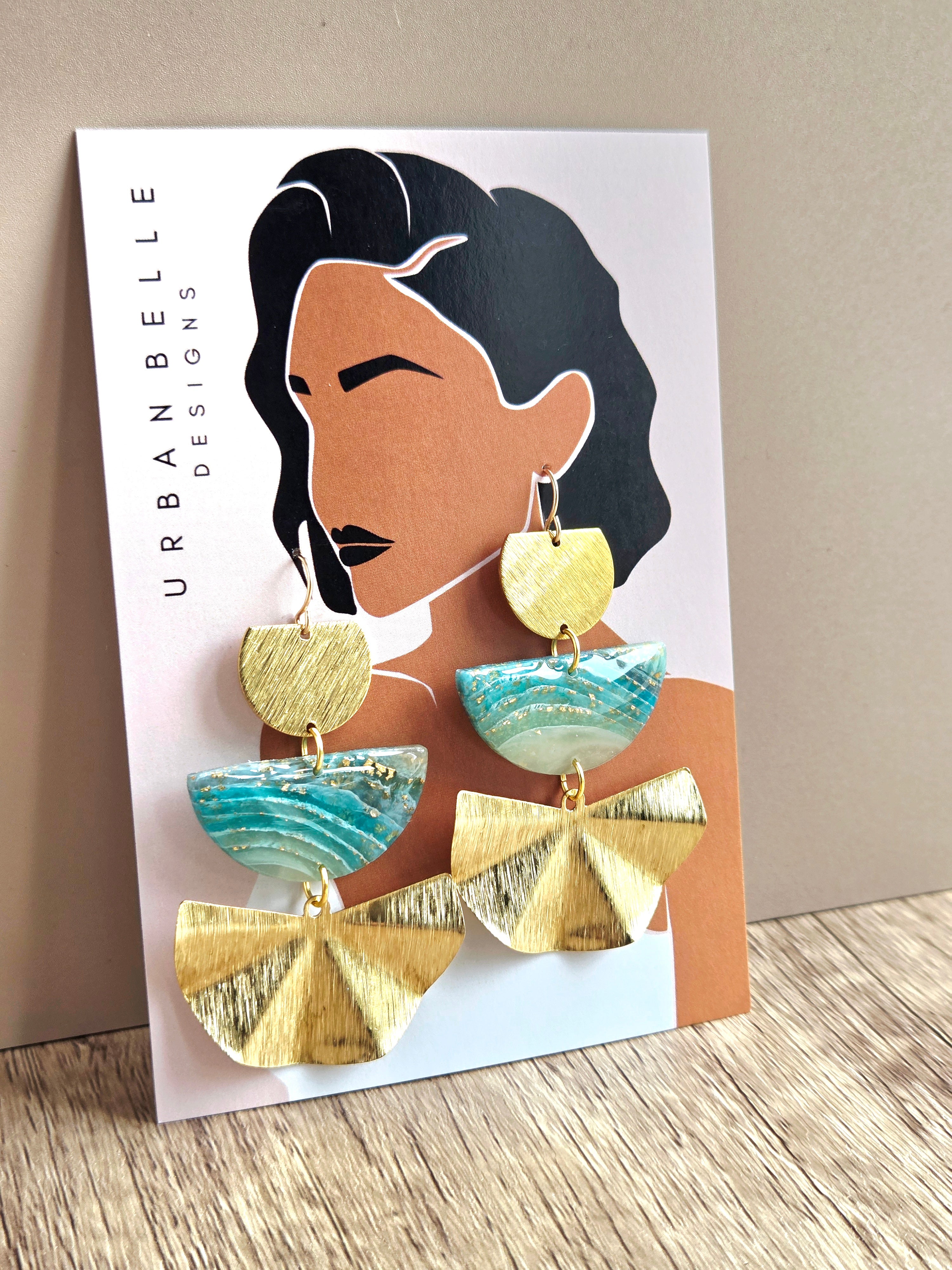 Agate Inspired AVA Fan Statement Earrings 14K Gold Filled - Aqua