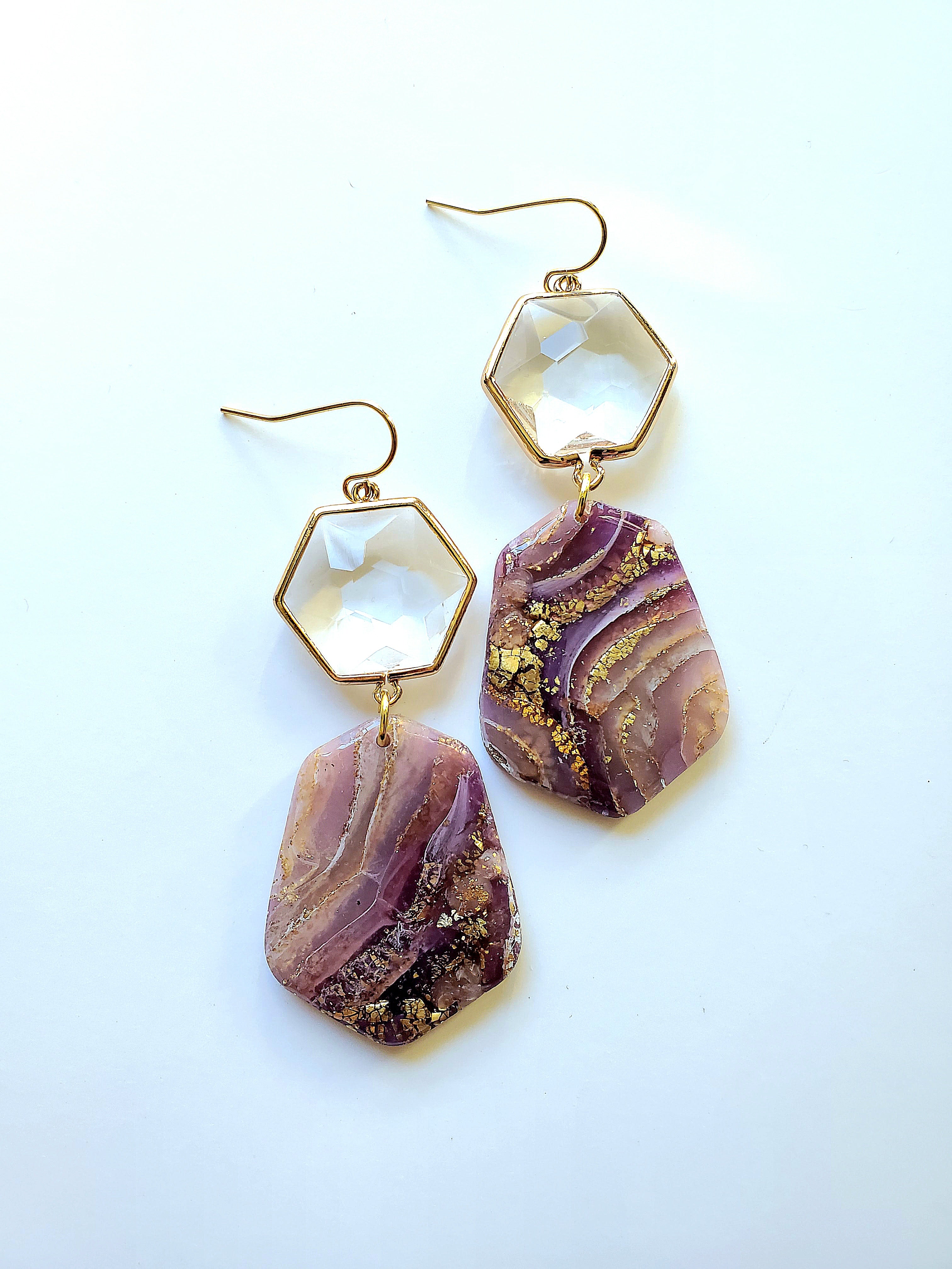 14K Gold Filled Agate Inspired Statement Earrings - Violet/Blush