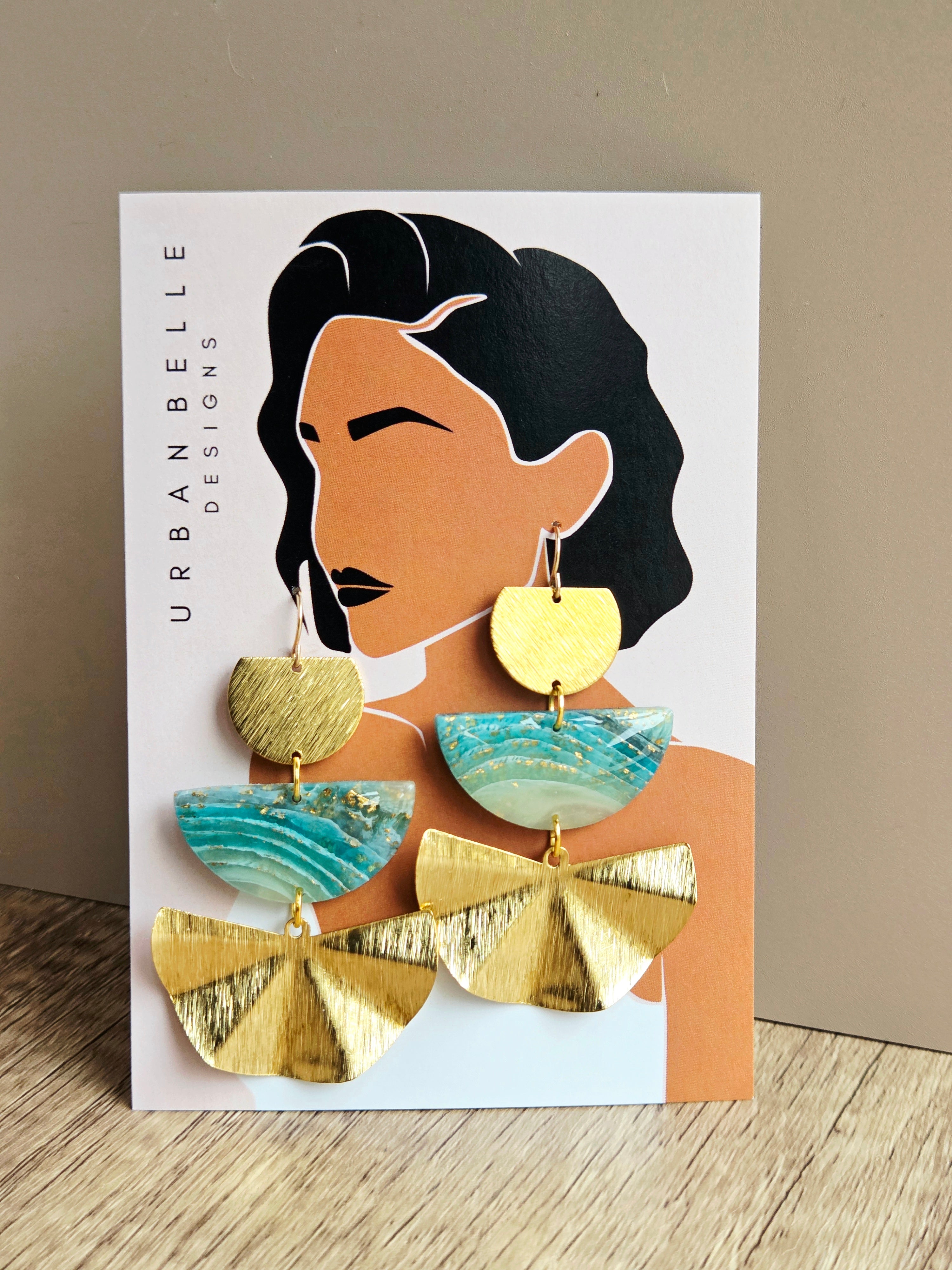 Agate Inspired AVA Fan Statement Earrings 14K Gold Filled - Aqua