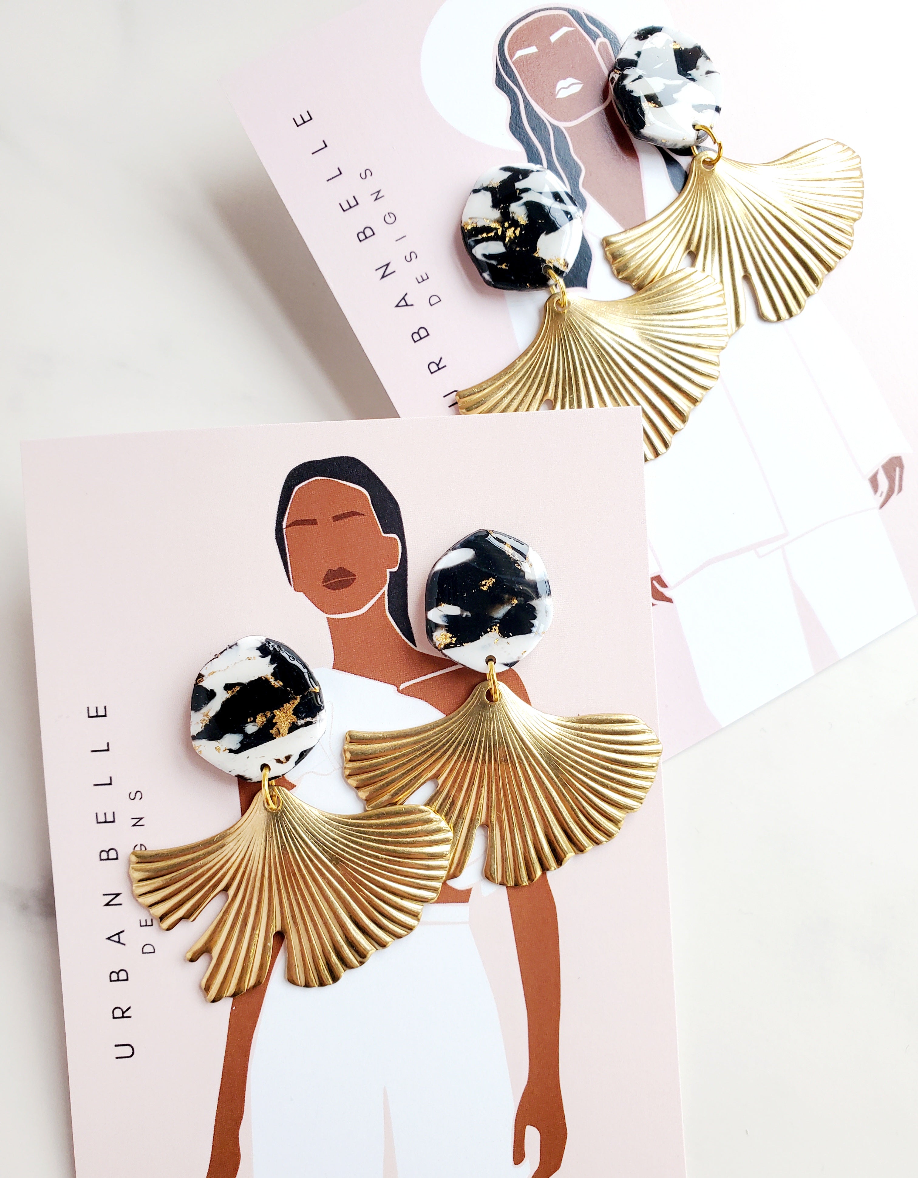 Marbled Black & White Gingko Statement Earrings - 2 Styles
