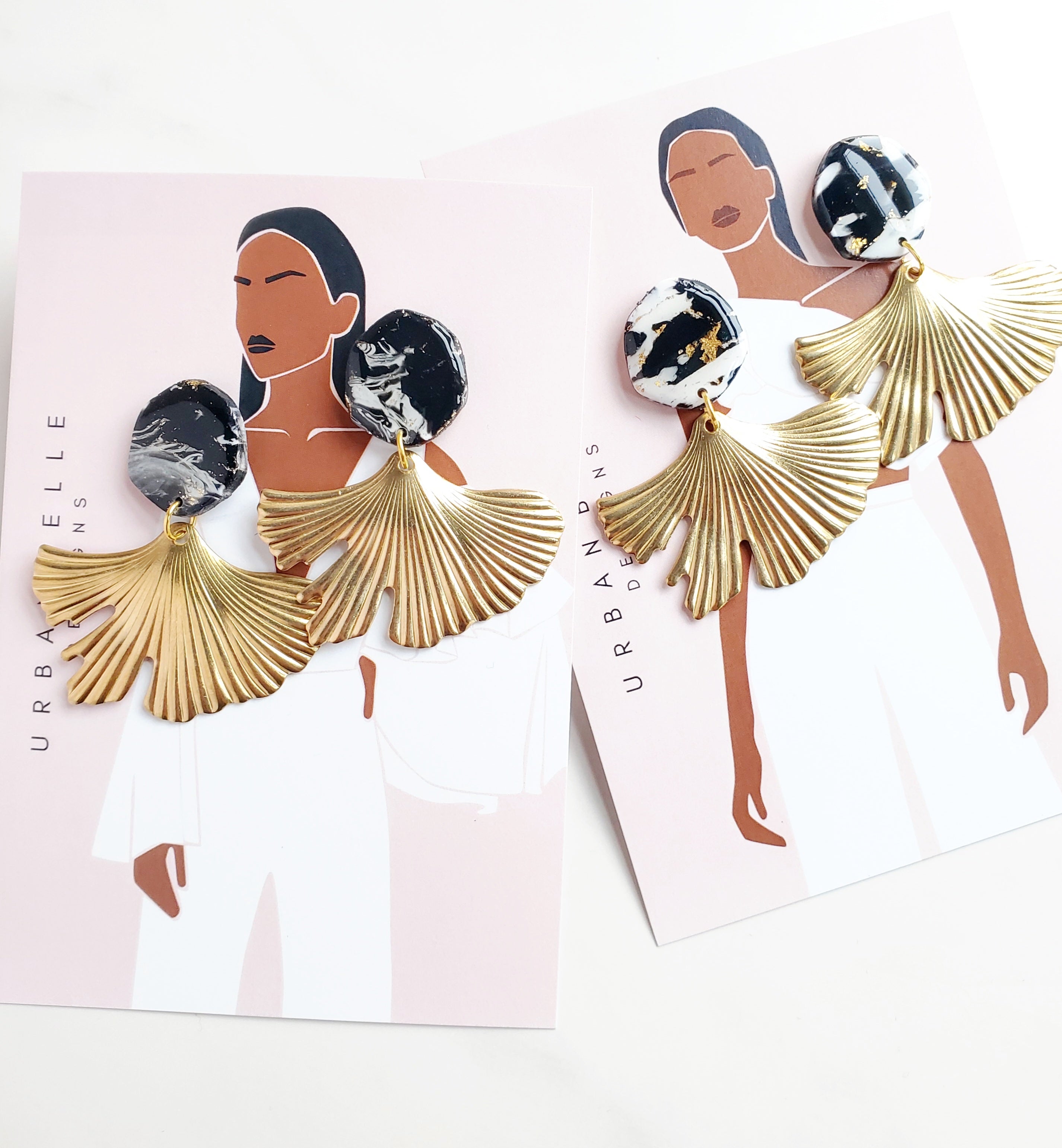 Marbled Black & White Gingko Statement Earrings - 2 Styles