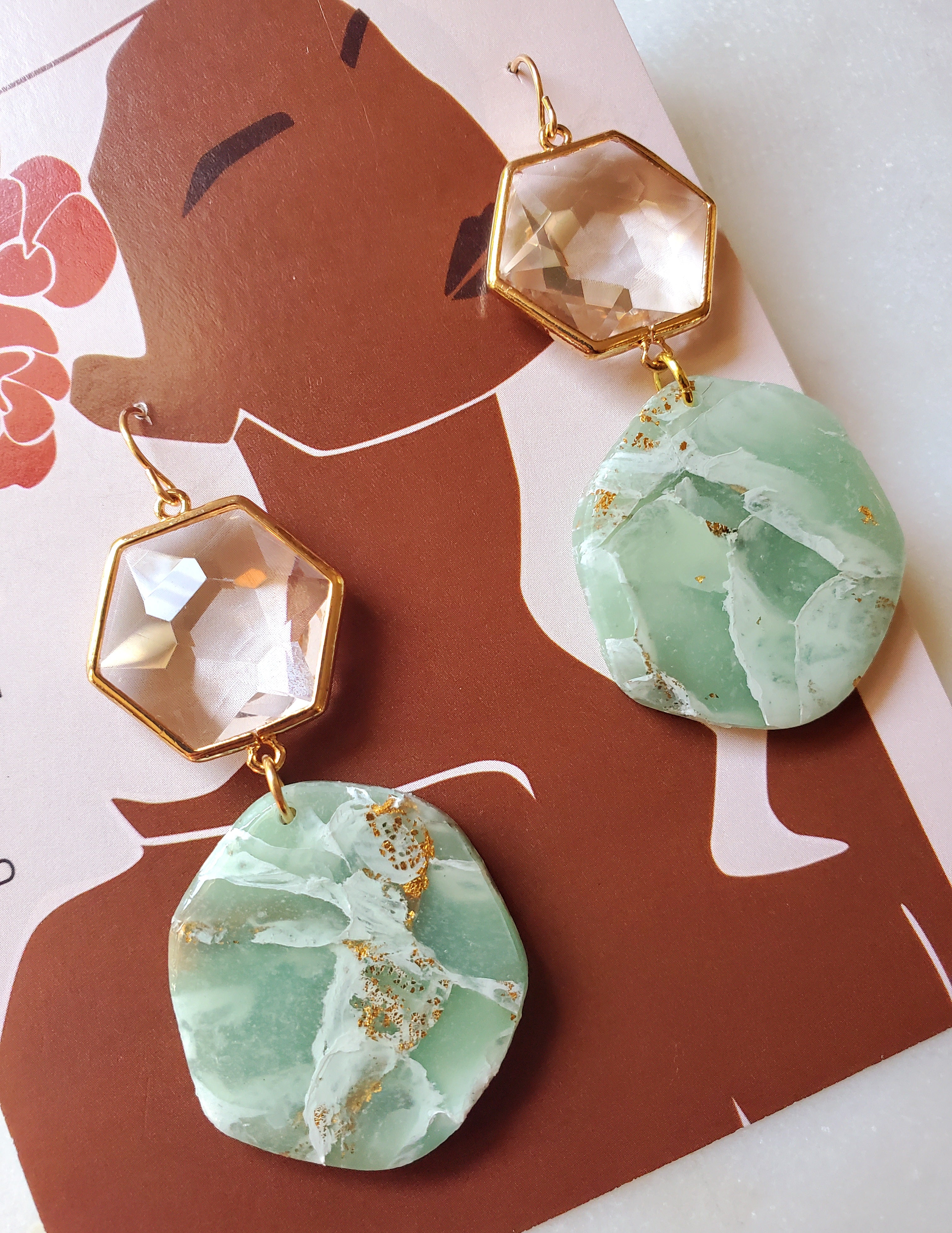 14K Gold Filled Jade Inspired Glass Statement Earrings